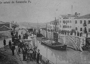 Cartolina storica dei primi Novecento con il canale navigabile, qui unqa pietra d'istria ricorda cosa fu Cavanella Po