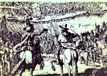 Dipinto delle truppe Estensi pronte a dar battaglia alla flotta Veneziana