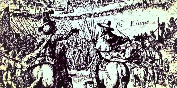 Dipinto delle truppe Estensi pronte a dar battaglia alla flotta Veneziana