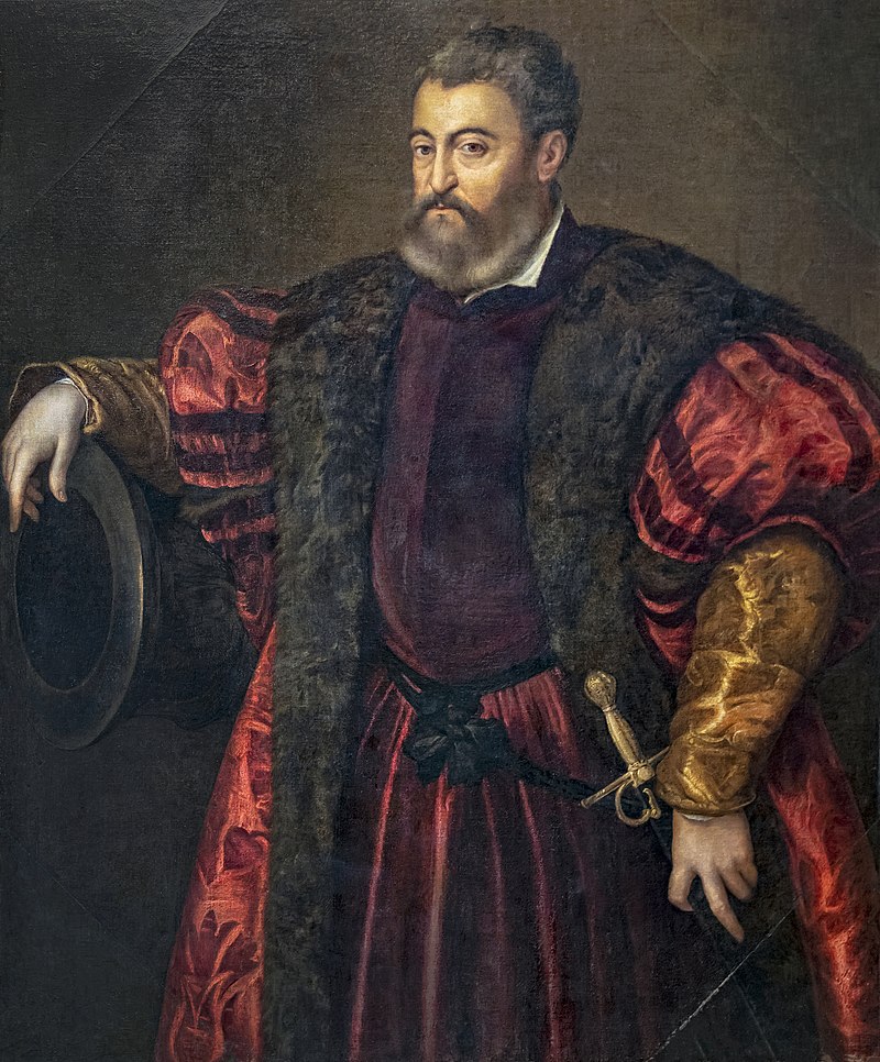 Alfonso I d'Este di Tiziano egli si appoggia a un cannone impugnando la spada(foto Wikipedia).