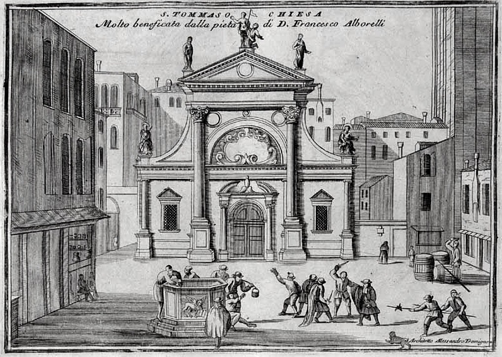 La chiesa di San Tomà prima della ricostruzione settecentesca, incisione da Vincenzo Coronelli, Singolarità di Venezia e del serenissimo suo dominio, 1709 (foto web)