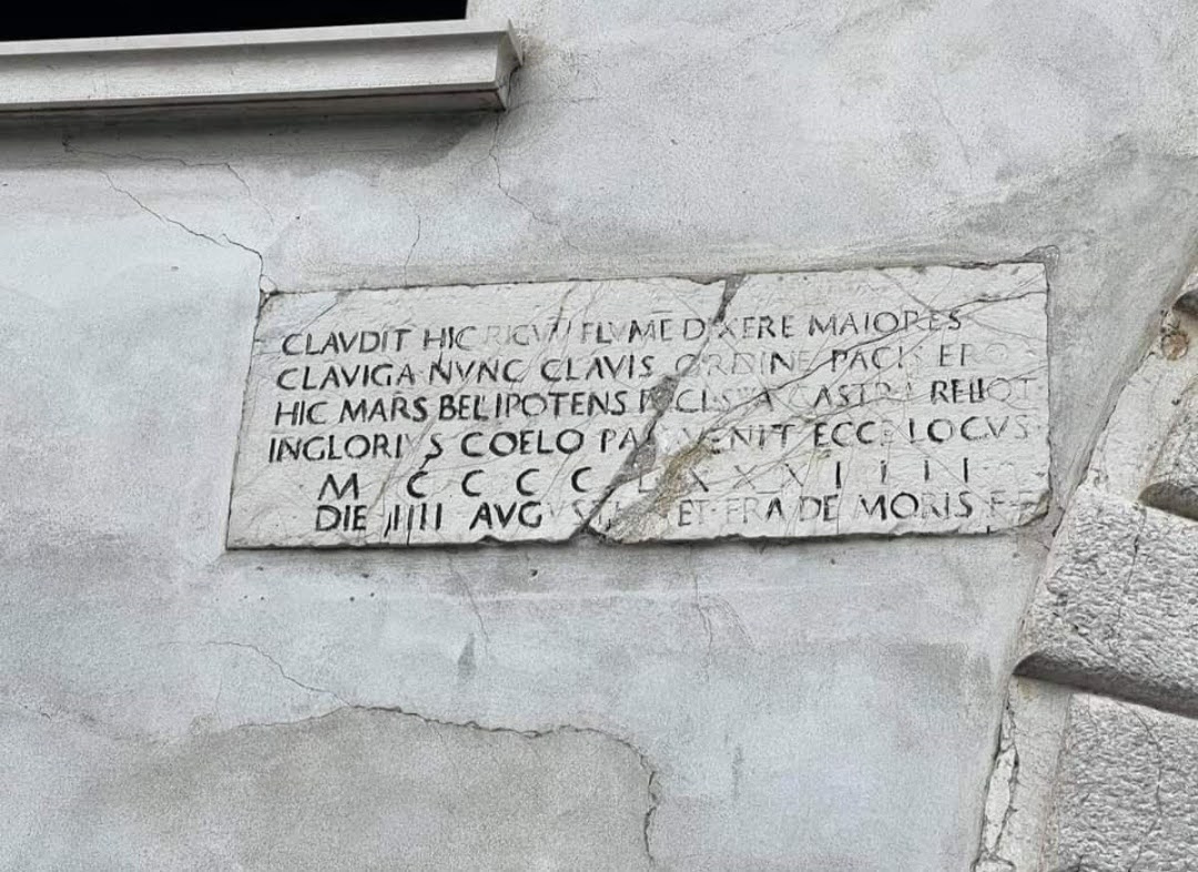 Targa commemorativa oggi esistente nel luogo dove si firmò la Pace di Bagnolo ( foto Paolo Rubens Pagina Facebook Casa è dove c'è un San Marco)
