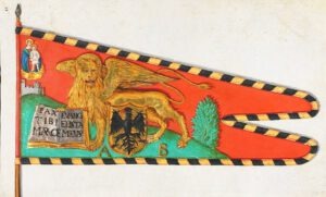Una miniatura secentesca su pergamena del Lave des draps di Friburgo, che riproduce lo stendardo di Antonio Bragadin trafugato dagli imperiali dalla citta di Rovigo