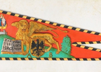 Una miniatura secentesca su pergamena del Lave des draps di Friburgo, che riproduce lo stendardo di Antonio Bragadin trafugato dagli imperiali dalla citta di Rovigo