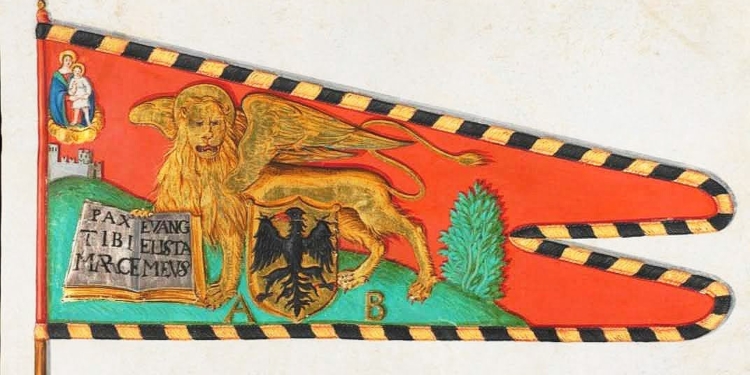 Una miniatura secentesca su pergamena del Lave des draps di Friburgo, che riproduce lo stendardo di Antonio Bragadin trafugato dagli imperiali dalla citta di Rovigo