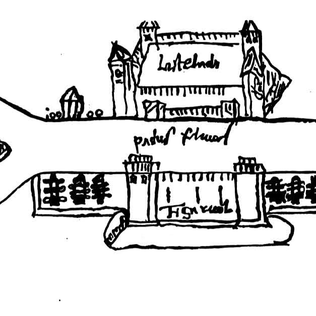 Disegno ripreso dai testi del Sanudo del Castello di Ficarolo e della Rocca della Stellata, nel mezzo il fiume Po (foto autore)