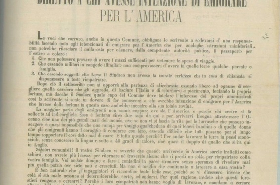 1877, manifesto del sindaco di Longare (Vi): “Diretto a chi avesse intenzione di emigrare per l’America”