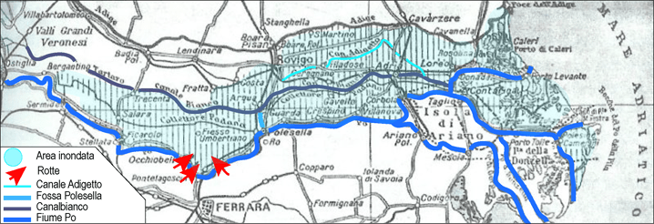 Una mappa che analizza l'area polesana colpita dall'alluvione