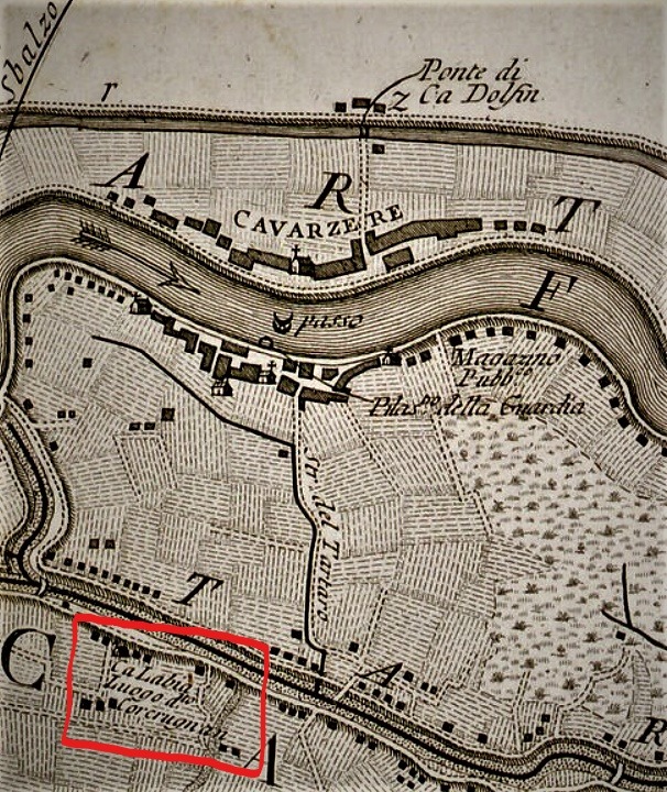 Mappa del Milanovich datata 1786 in cui si nota la Villa Labia e Oratorio (Foto Web)