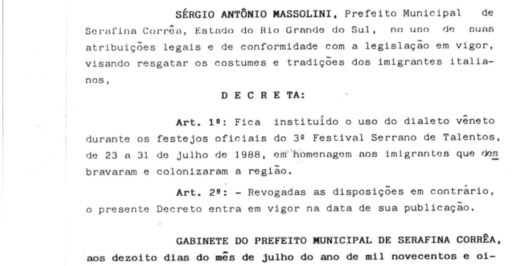 El Veneto lengua “oficial” a Serafina Correa, Rio Grande do Sul – Brasil