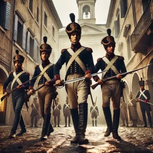 Immagine creata che rappresenta il passaggio delle truppe francesi con la spade sguainate(foto chatgpt)