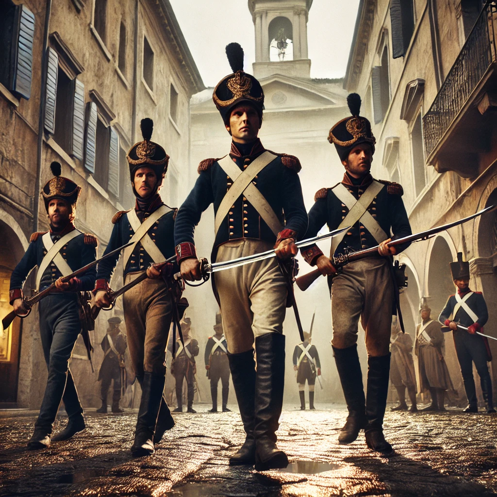 Immagine creata che rappresenta il passaggio delle truppe francesi con la spade sguainate(foto chatgpt)