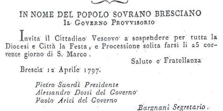 Brescia, aprile 1797, viene sospesa la Festa di San Marco