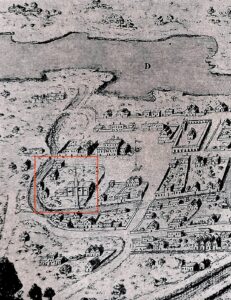 “Veduta seicentesca di Adria. In evidenza, il complesso della Cattedrale all'epoca di San Giovanni, teatro della protesta del maggio 1633.”