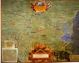 Il territorio del delta del Po nel 1585, quando il corso principale del Po era assestato sul ramo di Ficarolo.