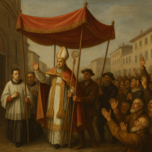 Ingresso del vescovo sotto baldacchino – ricostruzione pittorica Didascalia: “Ingresso solenne di un vescovo nel Seicento sotto baldacchino, secondo il cerimoniale dell’epoca.”