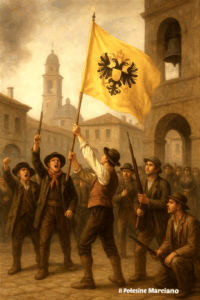 Rappresentazione grafica del momemto in piazza Maggiore a Rovigo durante le insorgenze del 1809 (foto autore)