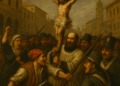 Dipinto evocativo della Sollevazione del Cristo del 1800 a Chioggia, processione pasquale che degenera in rivolta contro i soldati austriaci in uniformi d’epoca