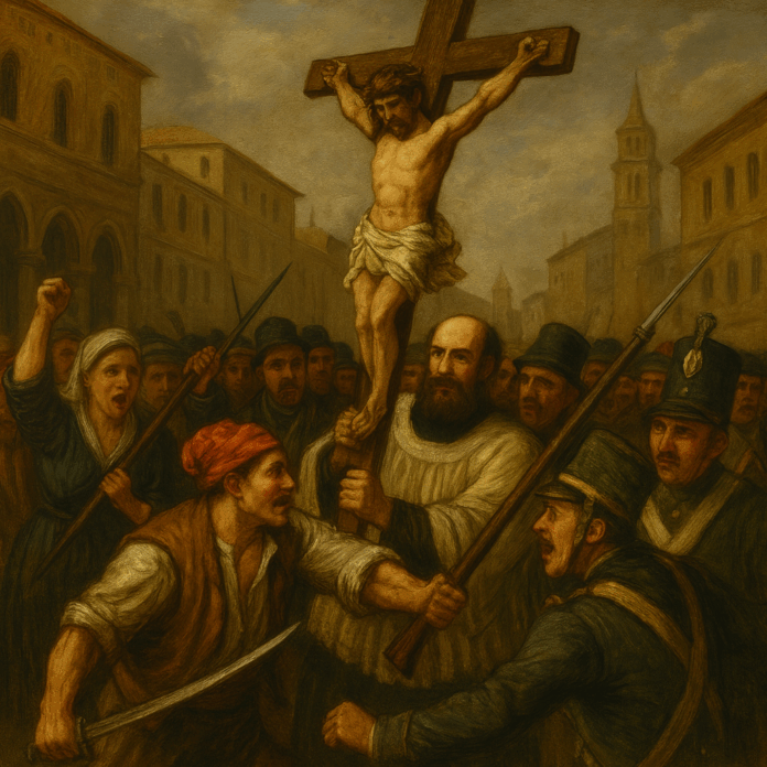Dipinto evocativo della Sollevazione del Cristo del 1800 a Chioggia, processione pasquale che degenera in rivolta contro i soldati austriaci in uniformi d’epoca
