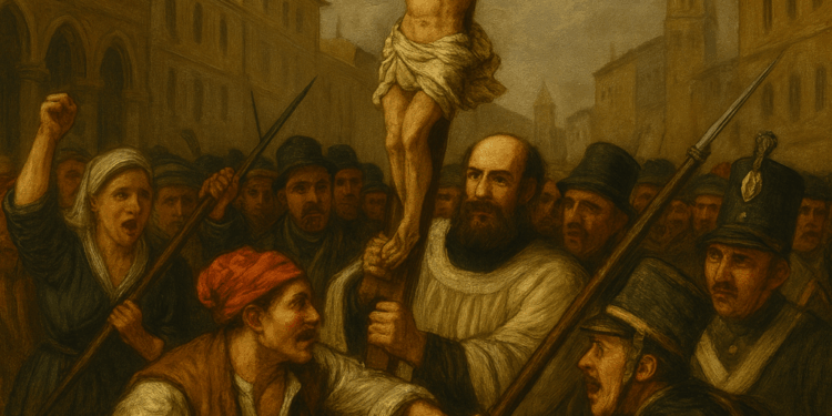 Dipinto evocativo della Sollevazione del Cristo del 1800 a Chioggia, processione pasquale che degenera in rivolta contro i soldati austriaci in uniformi d’epoca