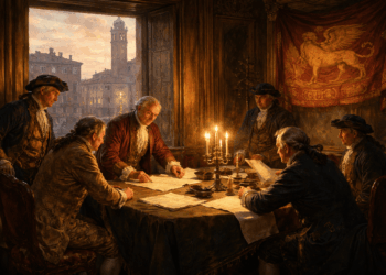 Notabili di Rovigo nel 1797 mentre redigono un dispaccio di fedeltà alla Serenissima Repubblica di Venezia