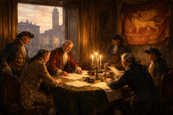 Notabili di Rovigo nel 1797 mentre redigono un dispaccio di fedeltà alla Serenissima Repubblica di Venezia
