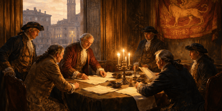 Notabili di Rovigo nel 1797 mentre redigono un dispaccio di fedeltà alla Serenissima Repubblica di Venezia