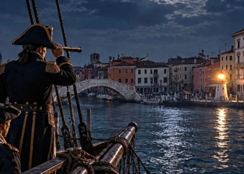 Navi inglesi nel 1809 davanti a Chioggia con il Ponte di Vigo e il faro acceso