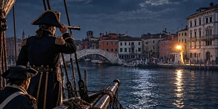 Navi inglesi nel 1809 davanti a Chioggia con il Ponte di Vigo e il faro acceso